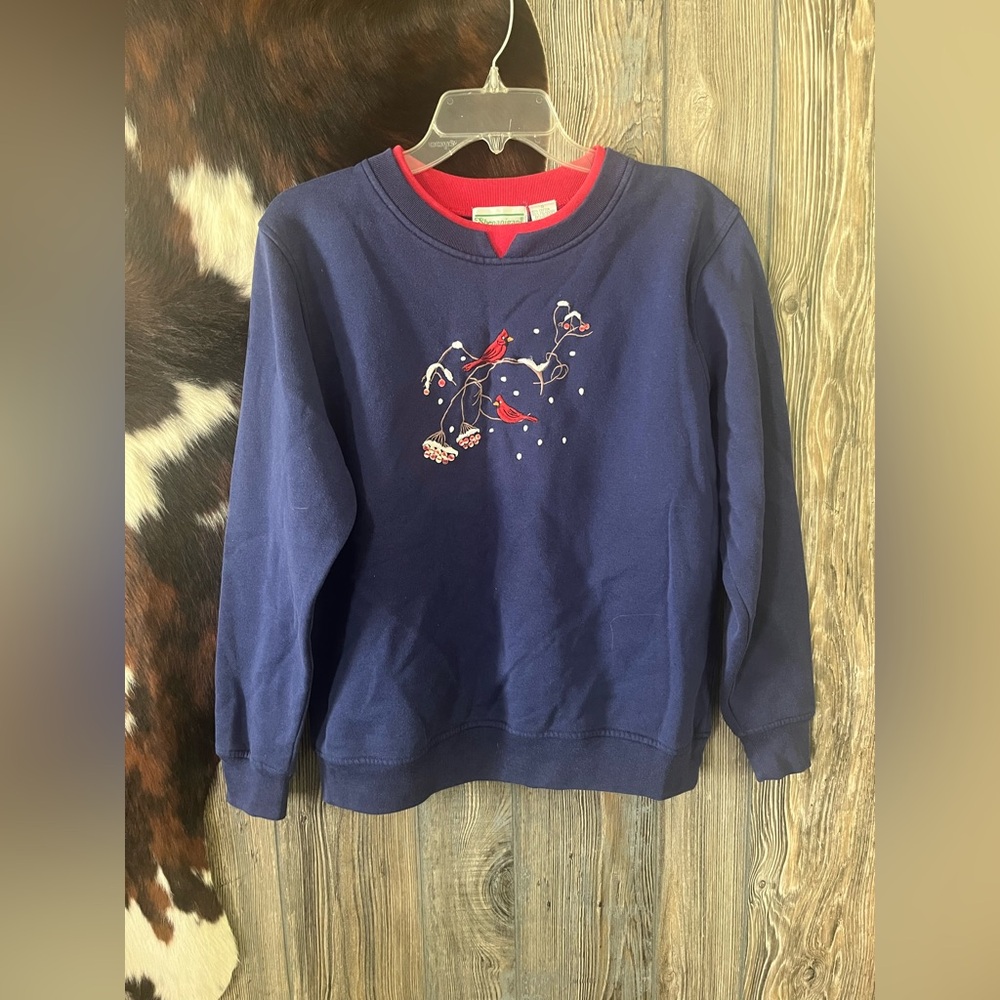 Vintage Shenanigan’s brand size small blue and red mock turtle neck winter bird